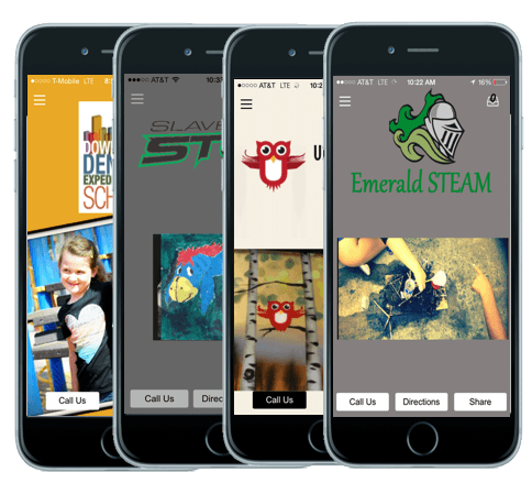 Four cell phones are displaying different apps including emerald steam